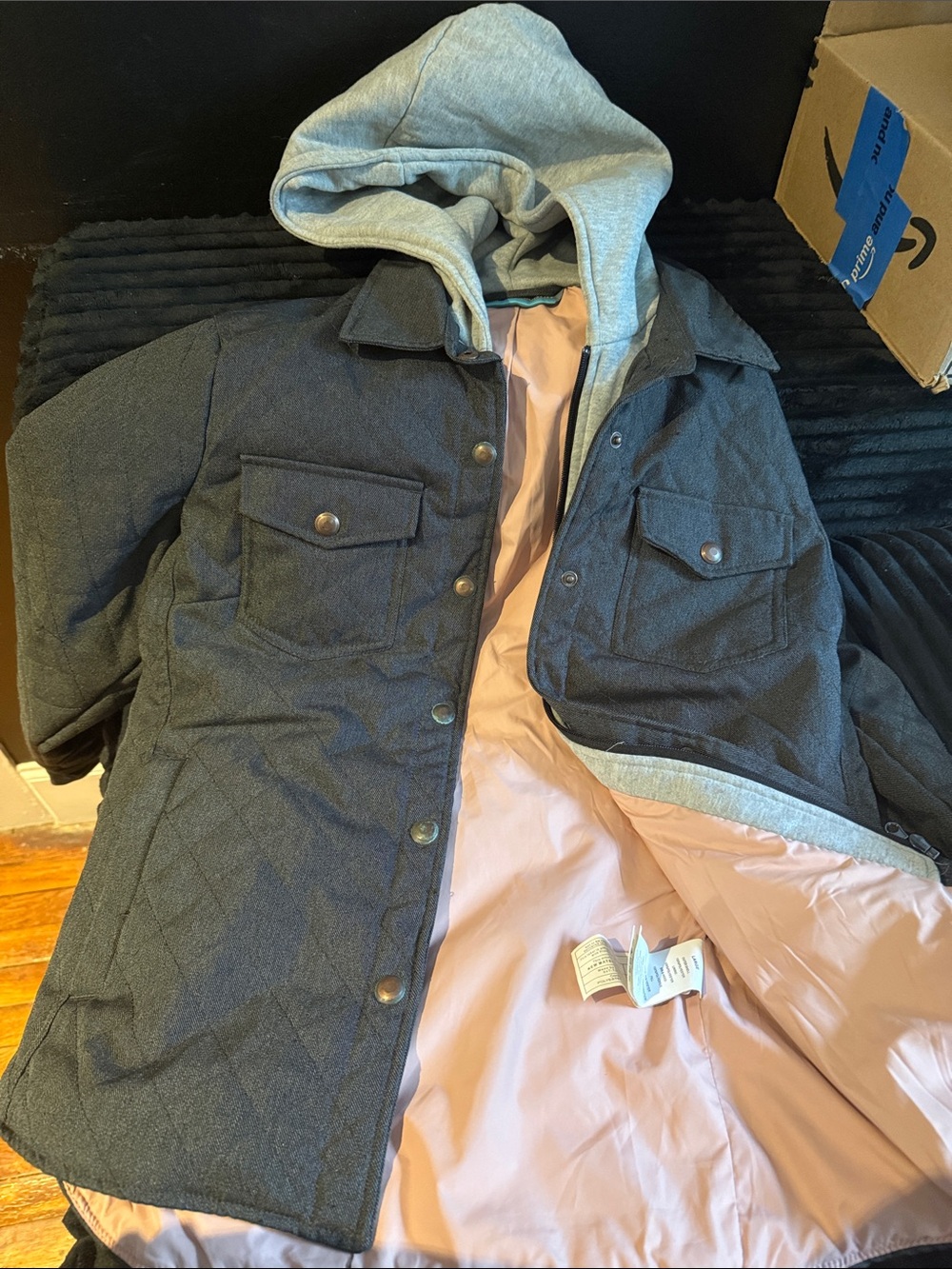 NWOT Gray Quilted Hooded Jacket with Pink Lining
